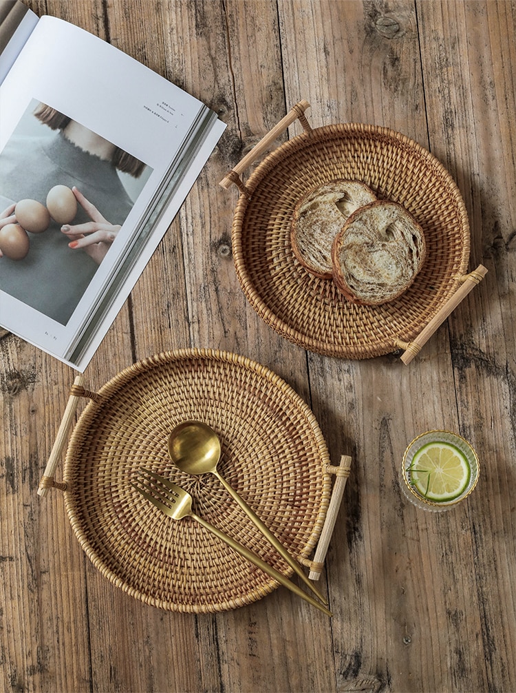 Woven Rattan Tray with Wooden Handles